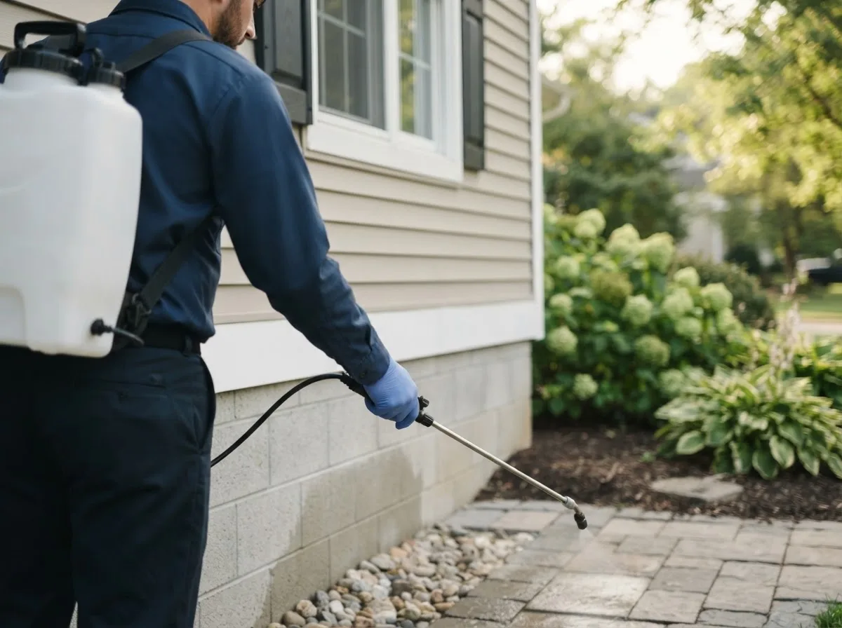 Pest control technician inspecting a home in Wood, PA